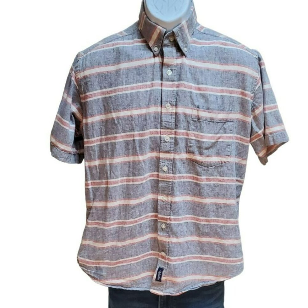 Woodies Blue White Red Men's Striped Camp Button Down Summer Short Sleeve Shirt